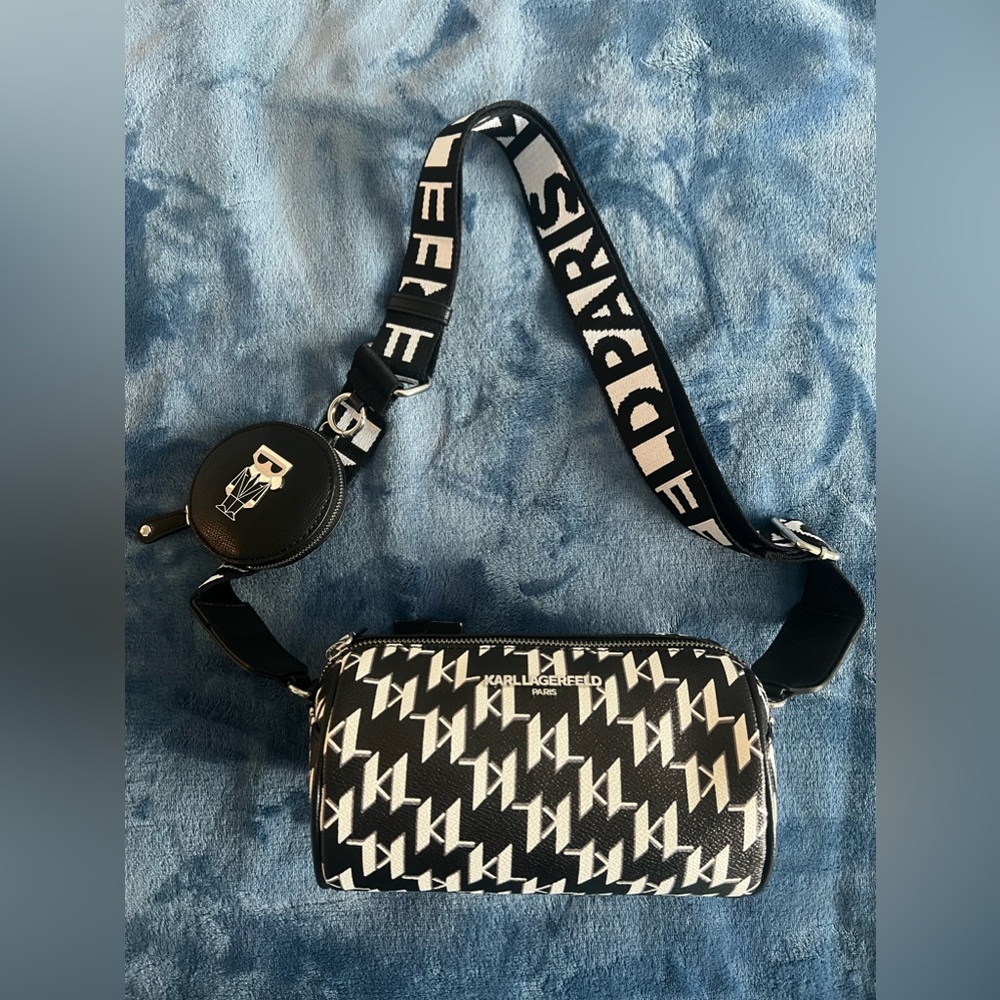 Karl Lagerfeld Black and White Monogram Crossbody Bag with Strap